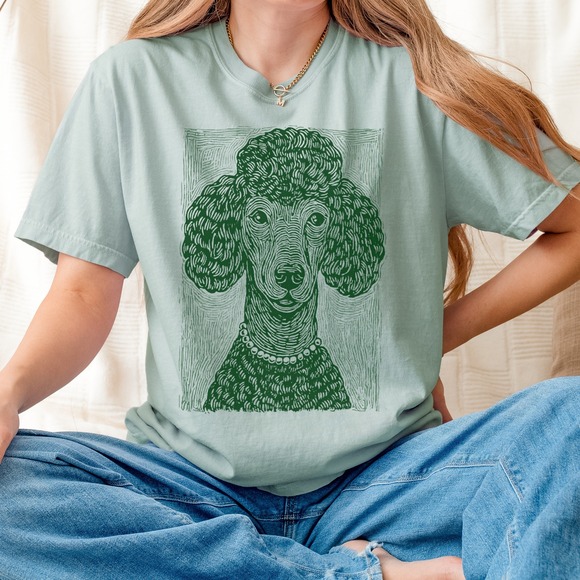 Comfort Colors Tops - Poodle Portrait Graphic Tee with Ornamental Collar Bold Woodcut Style
